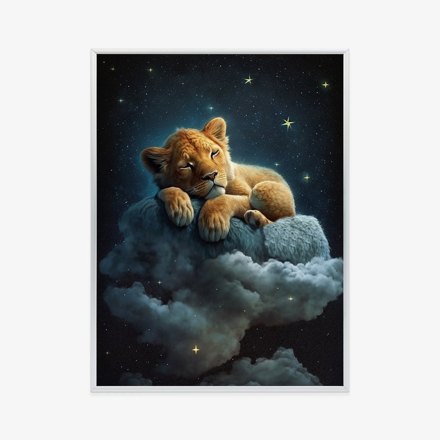 Poster Ein Löwe Schläft Auf Einer Wolke Rahmen Holz Mit Passepartout Farbe Natürlich