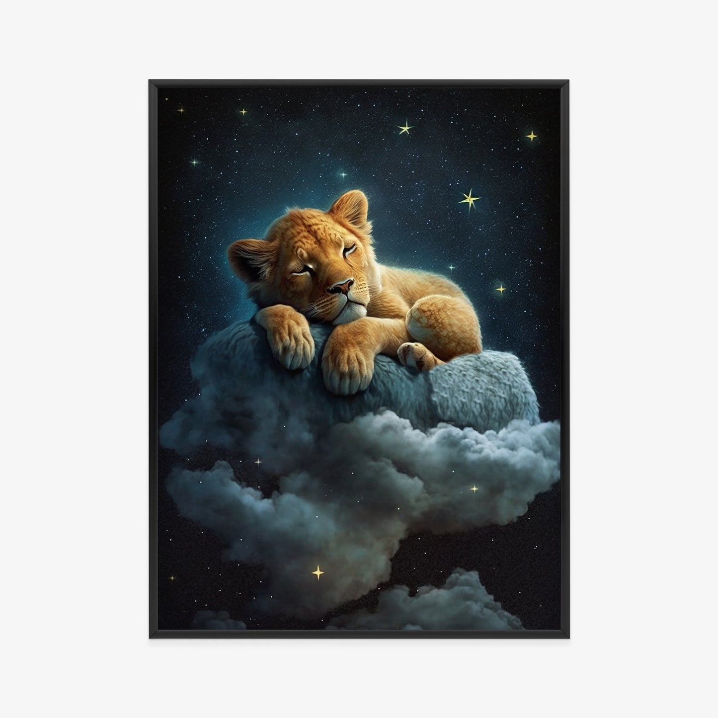 Poster Ein Löwe Schläft Auf Einer Wolke Rahmen Holz Mit Passepartout Farbe Natürlich
