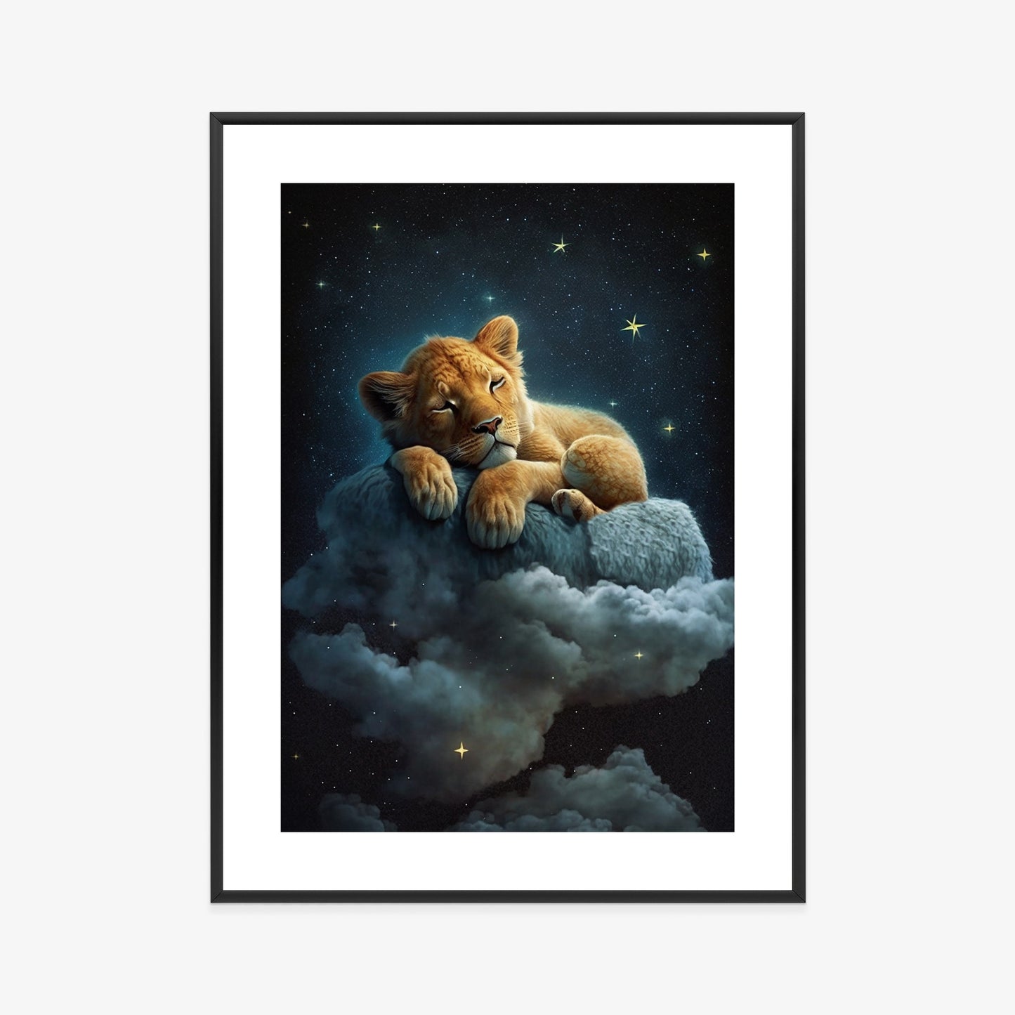 Poster Ein Löwe Schläft Auf Einer Wolke Rahmen Holz Mit Passepartout Farbe Natürlich