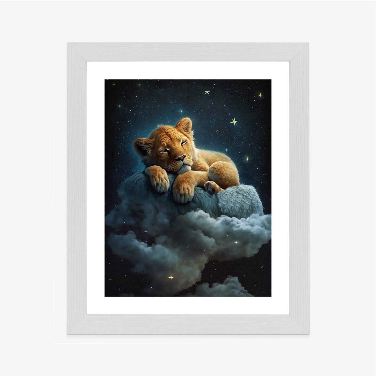 Poster Ein Löwe Schläft Auf Einer Wolke Rahmen Holz Mit Passepartout Farbe Natürlich