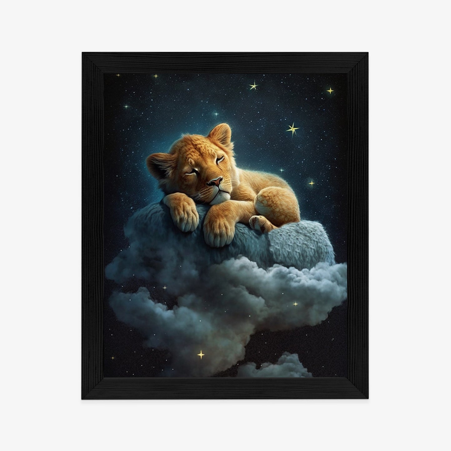 Poster Ein Löwe Schläft Auf Einer Wolke Rahmen Holz Mit Passepartout Farbe Natürlich