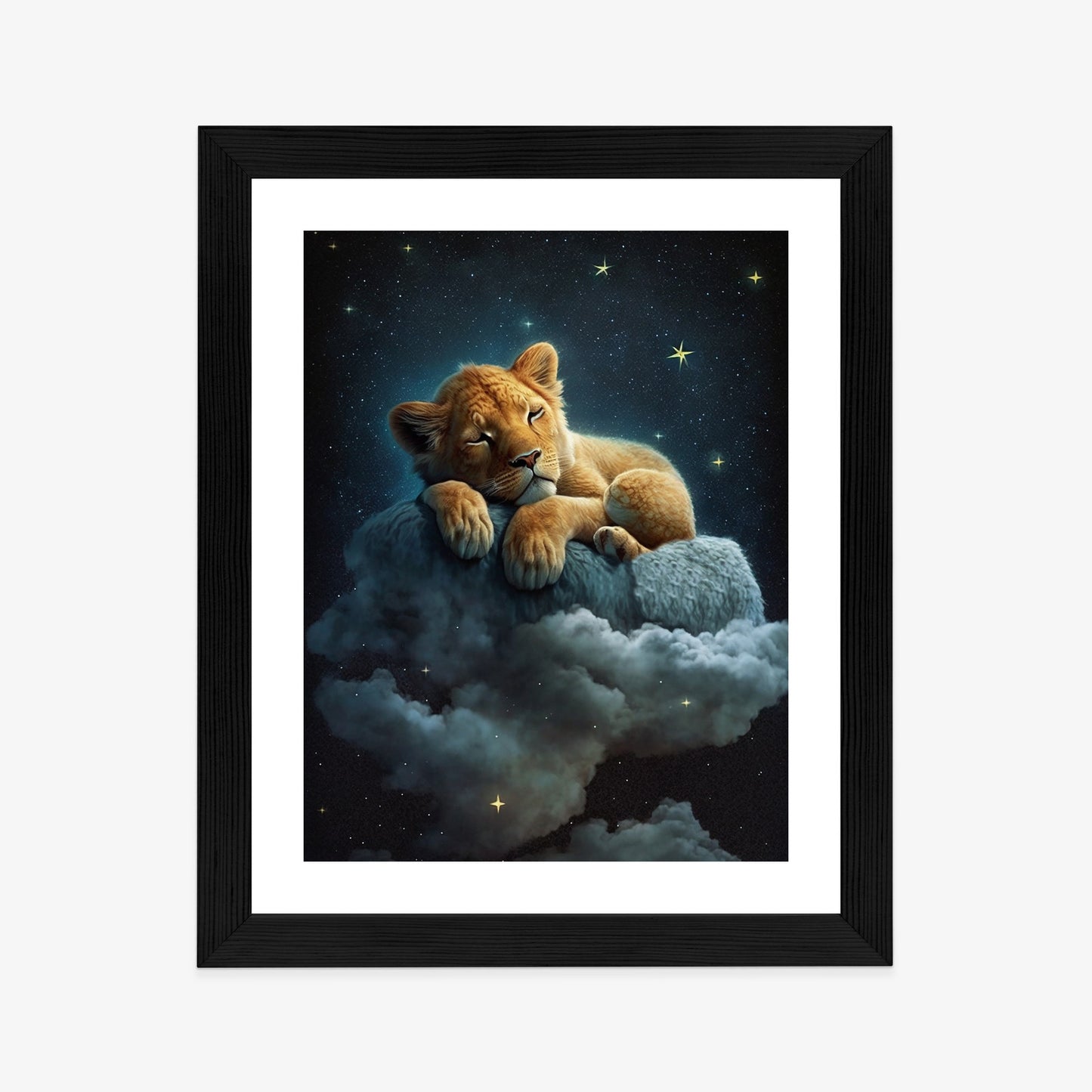 Poster Ein Löwe Schläft Auf Einer Wolke Rahmen Holz Mit Passepartout Farbe Natürlich