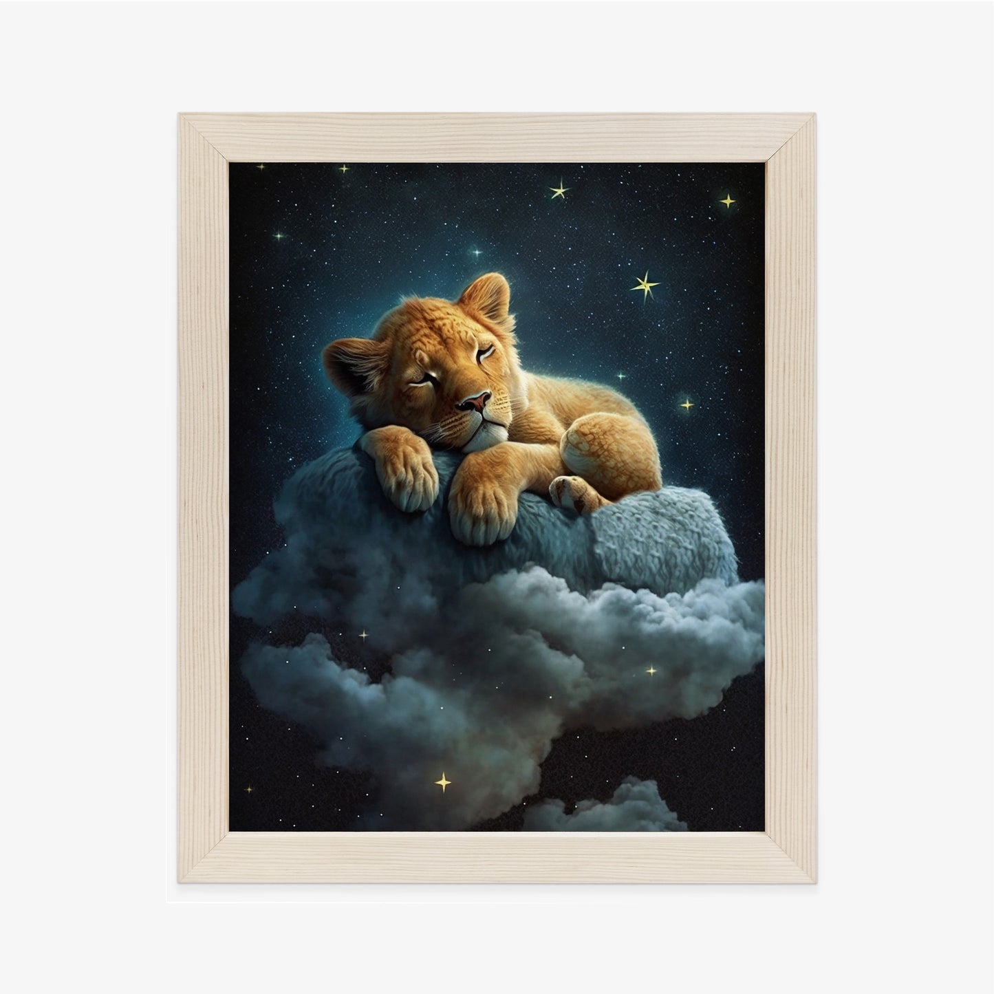 Poster Ein Löwe Schläft Auf Einer Wolke Rahmen Holz Mit Passepartout Farbe Natürlich