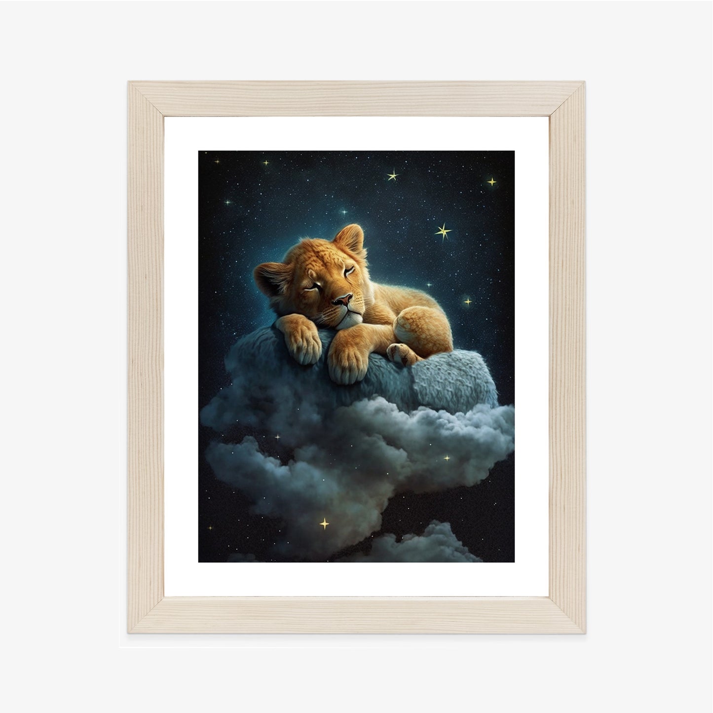 Poster Ein Löwe Schläft Auf Einer Wolke Rahmen Holz Mit Passepartout Farbe Natürlich