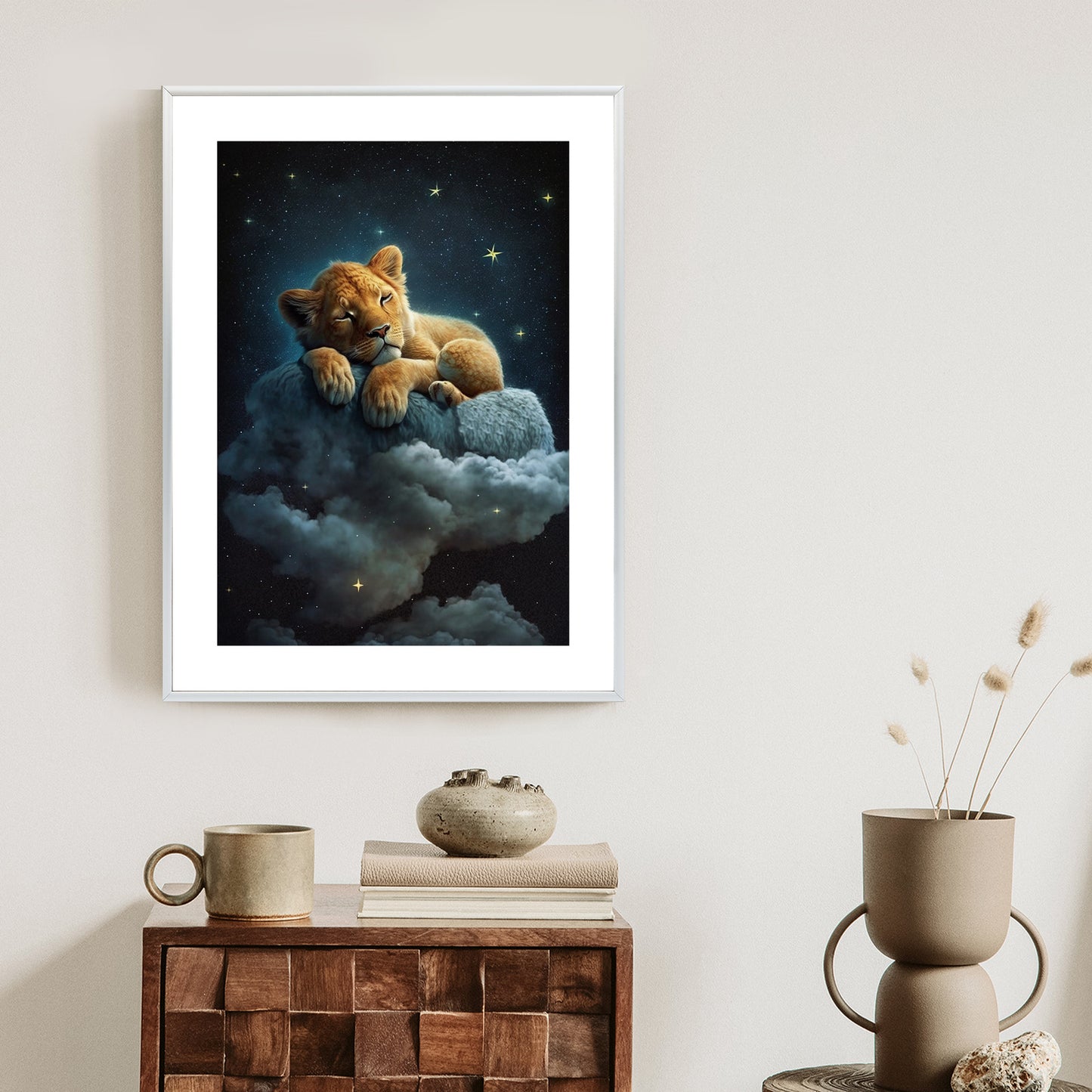 Poster Ein Löwe Schläft Auf Einer Wolke Rahmen Holz Mit Passepartout Farbe Natürlich