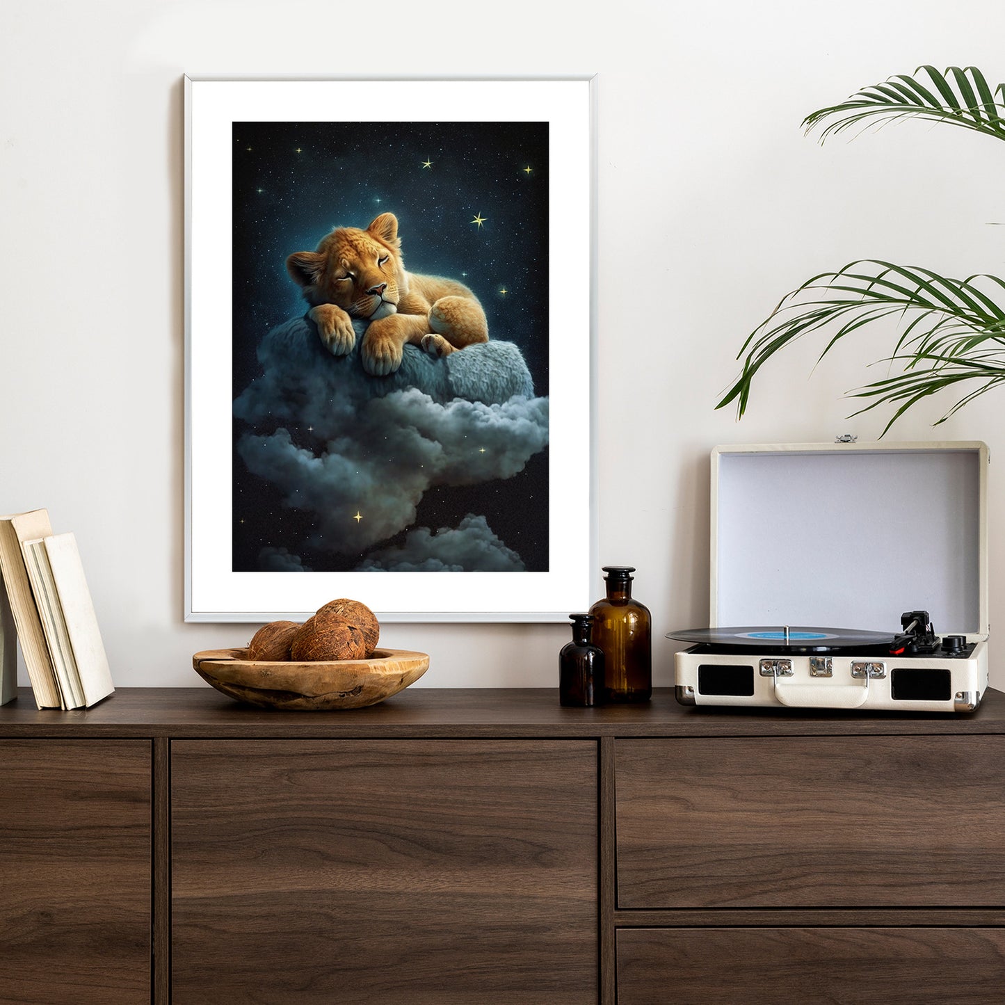 Poster Ein Löwe Schläft Auf Einer Wolke Rahmen Holz Mit Passepartout Farbe Natürlich