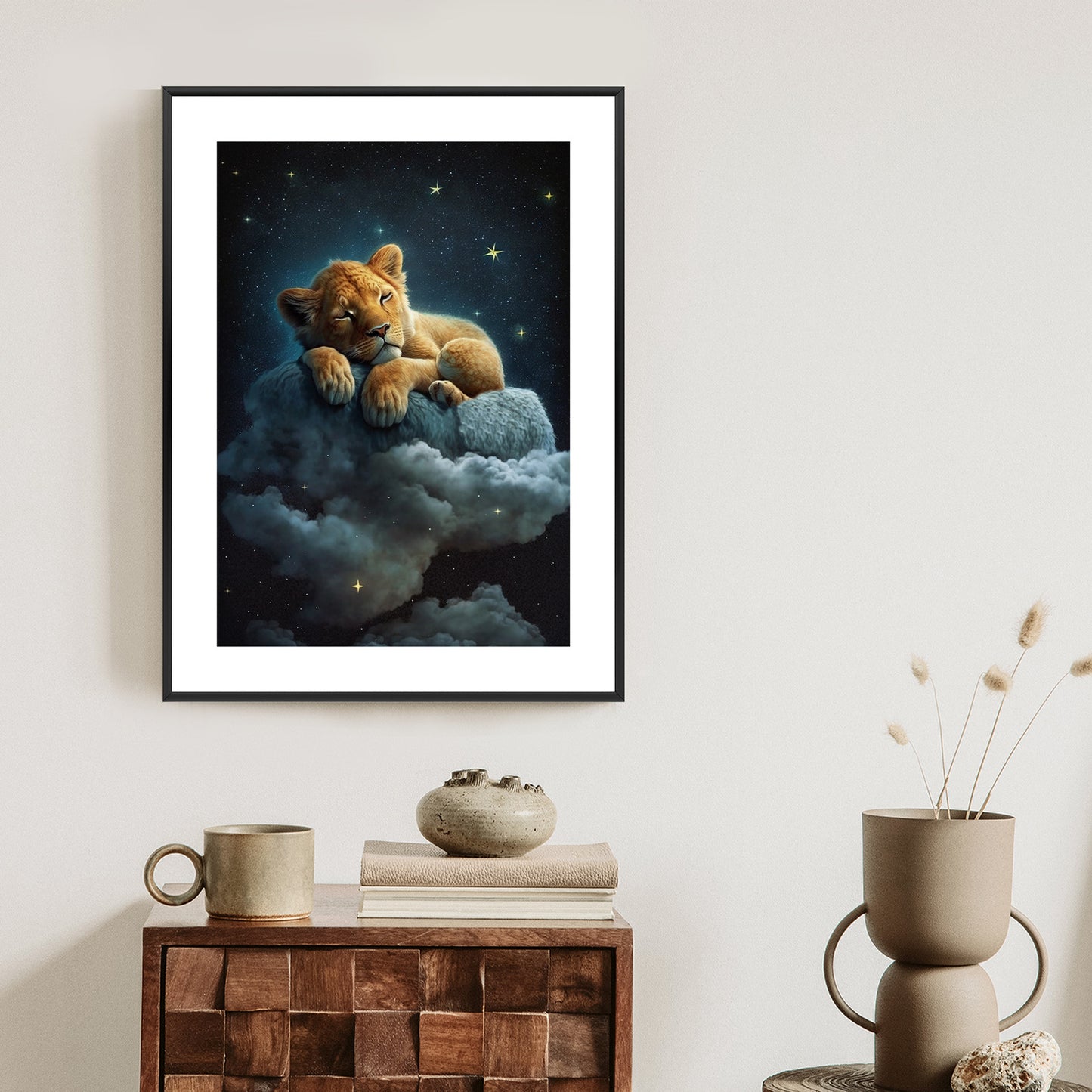 Poster Ein Löwe Schläft Auf Einer Wolke Rahmen Holz Mit Passepartout Farbe Natürlich