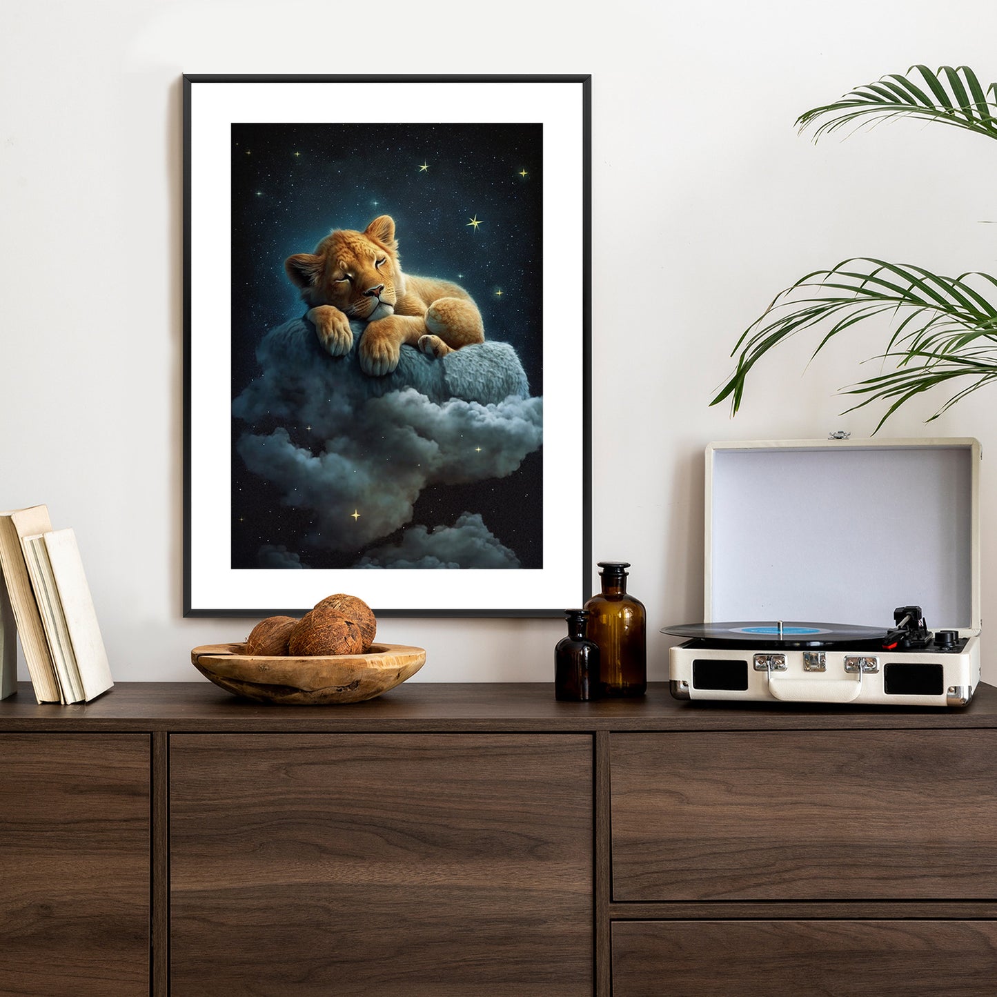 Poster Ein Löwe Schläft Auf Einer Wolke Rahmen Holz Mit Passepartout Farbe Natürlich