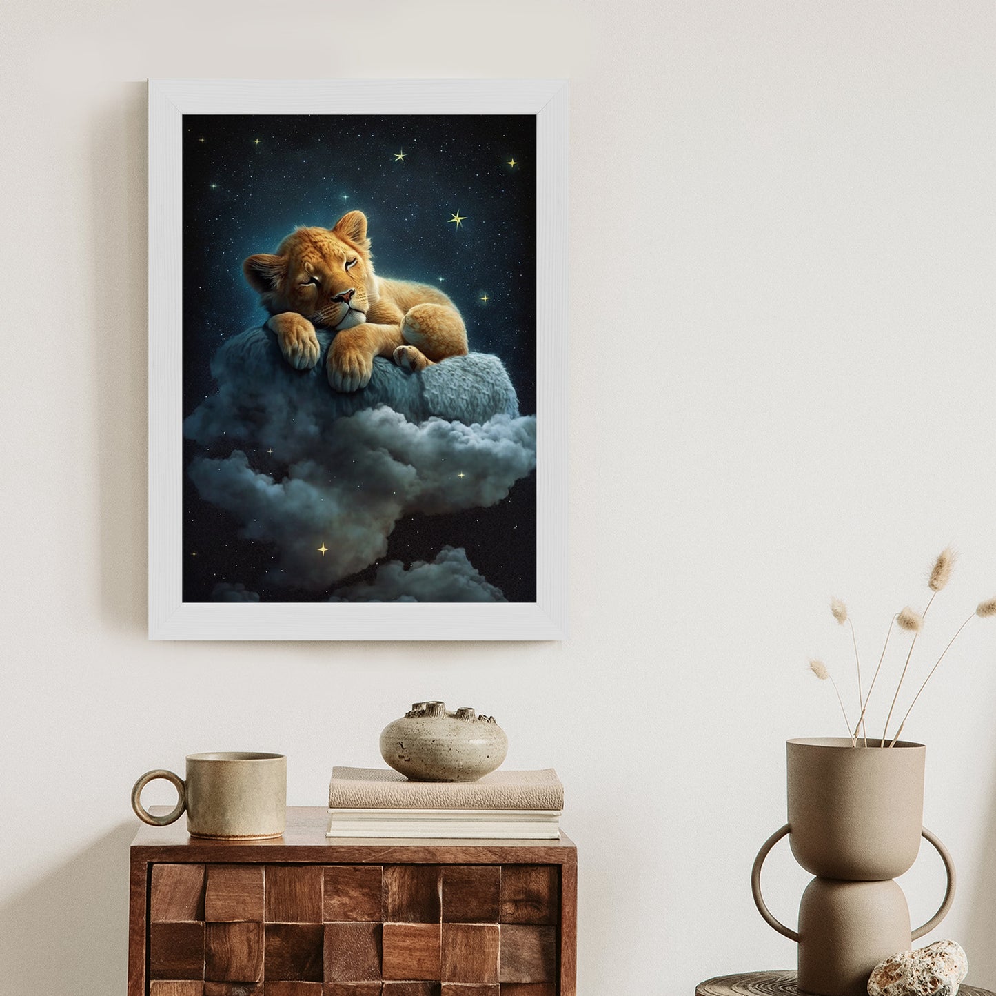 Poster Ein Löwe Schläft Auf Einer Wolke Rahmen Holz Mit Passepartout Farbe Natürlich