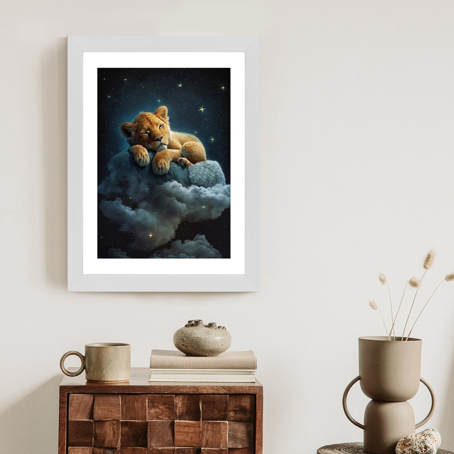 Poster Ein Löwe Schläft Auf Einer Wolke Rahmen Holz Mit Passepartout Farbe Natürlich