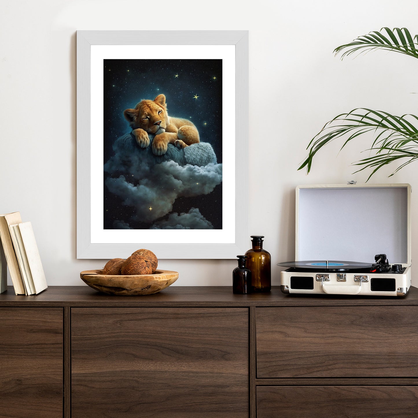 Poster Ein Löwe Schläft Auf Einer Wolke Rahmen Holz Mit Passepartout Farbe Natürlich