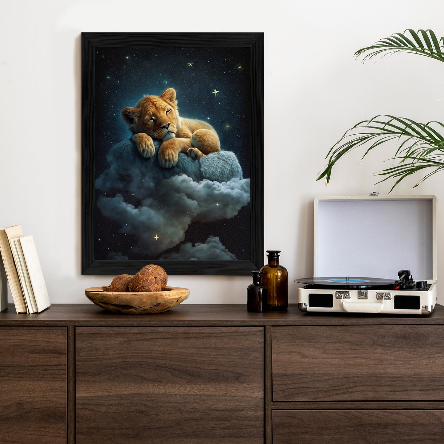 Poster Ein Löwe Schläft Auf Einer Wolke Rahmen Holz Mit Passepartout Farbe Natürlich