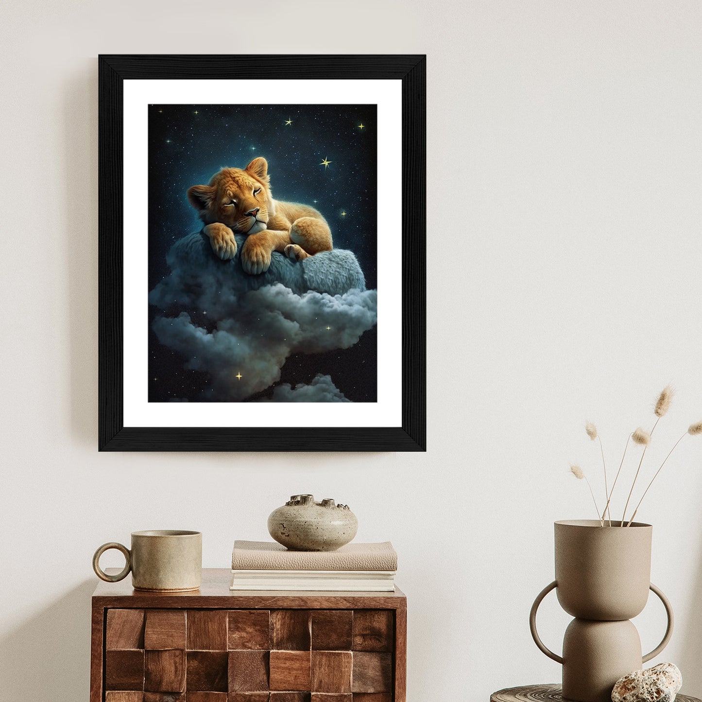 Poster Ein Löwe Schläft Auf Einer Wolke Rahmen Holz Mit Passepartout Farbe Natürlich