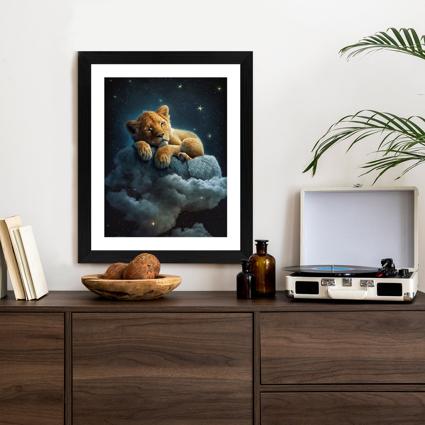 Poster Ein Löwe Schläft Auf Einer Wolke Rahmen Holz Mit Passepartout Farbe Natürlich