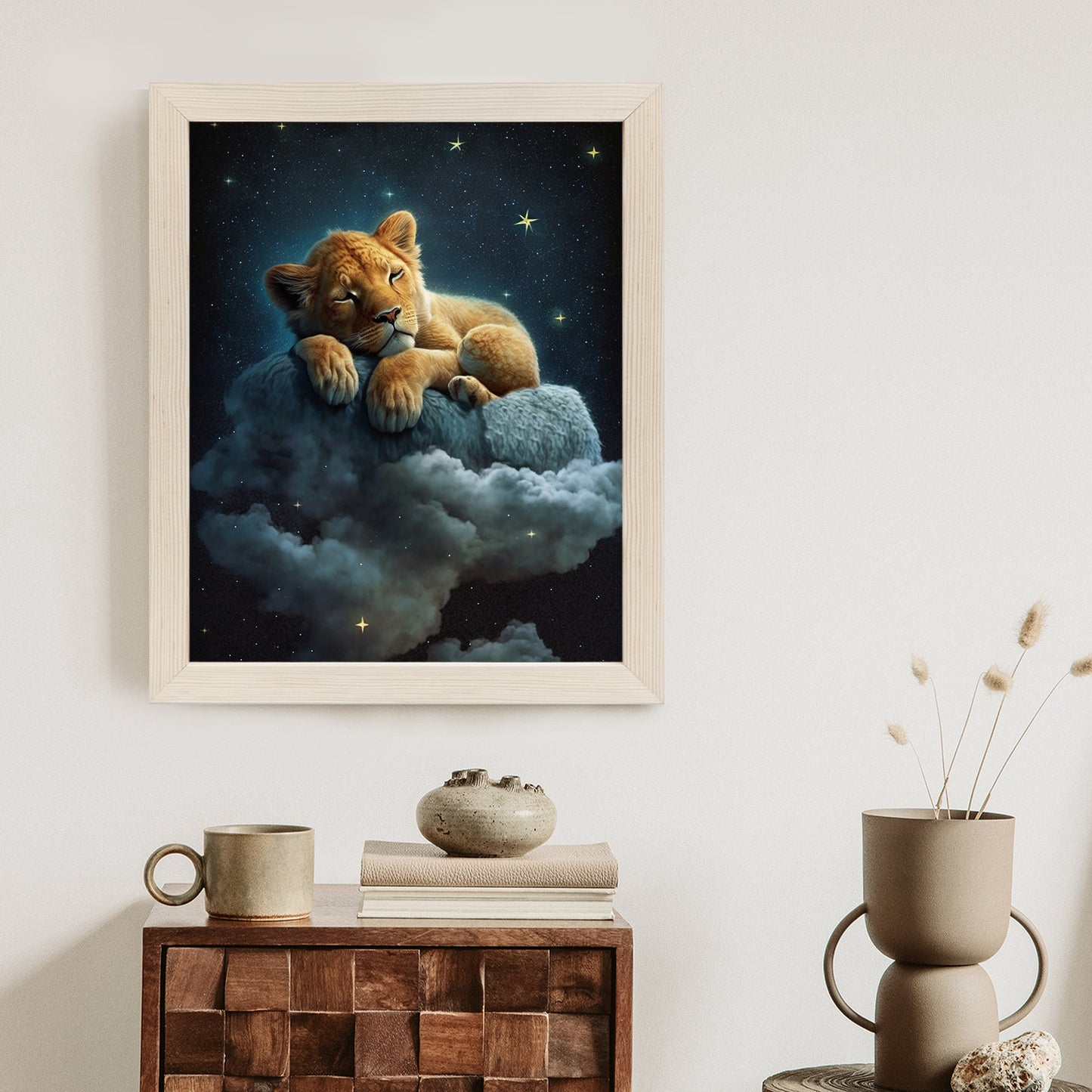 Poster Ein Löwe Schläft Auf Einer Wolke Rahmen Holz Mit Passepartout Farbe Natürlich