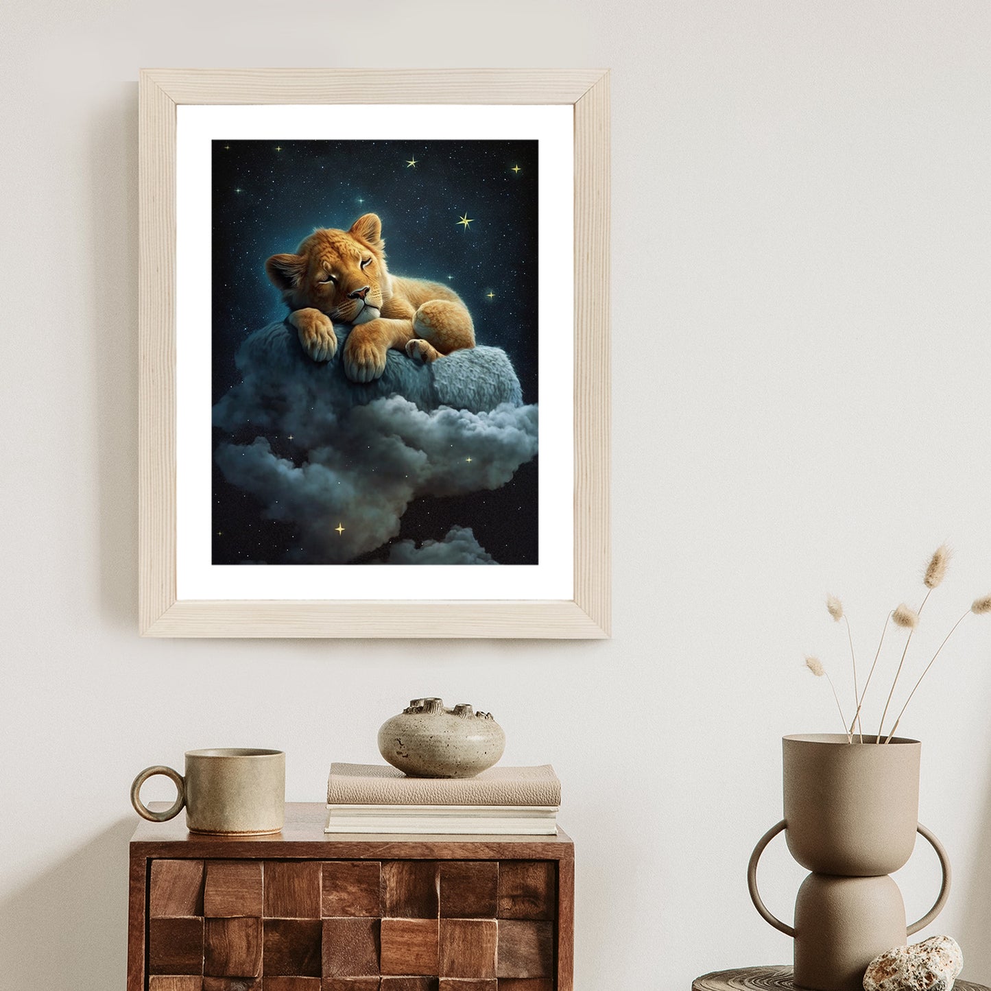 Poster Ein Löwe Schläft Auf Einer Wolke Rahmen Holz Mit Passepartout Farbe Natürlich