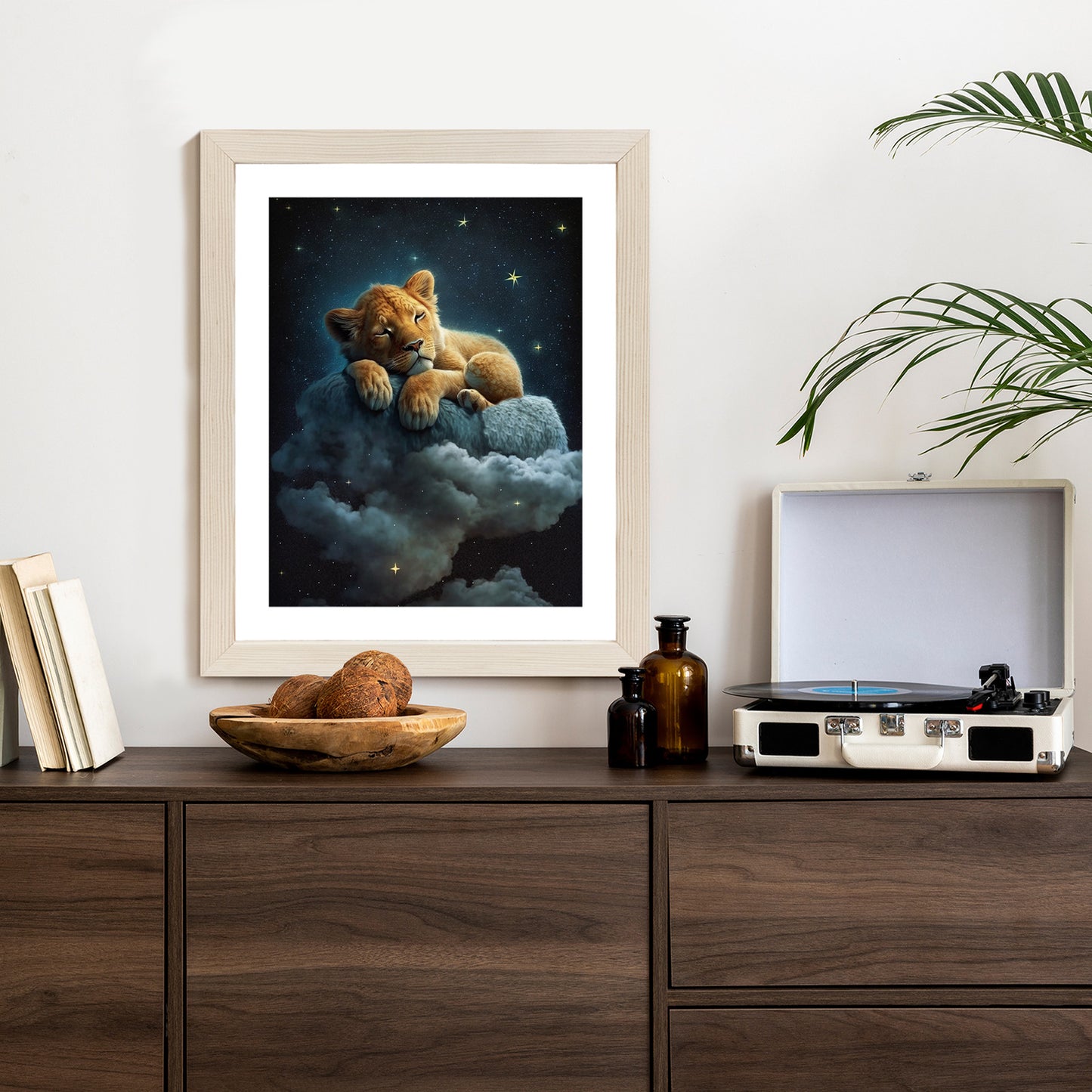 Poster Ein Löwe Schläft Auf Einer Wolke Rahmen Holz Mit Passepartout Farbe Natürlich
