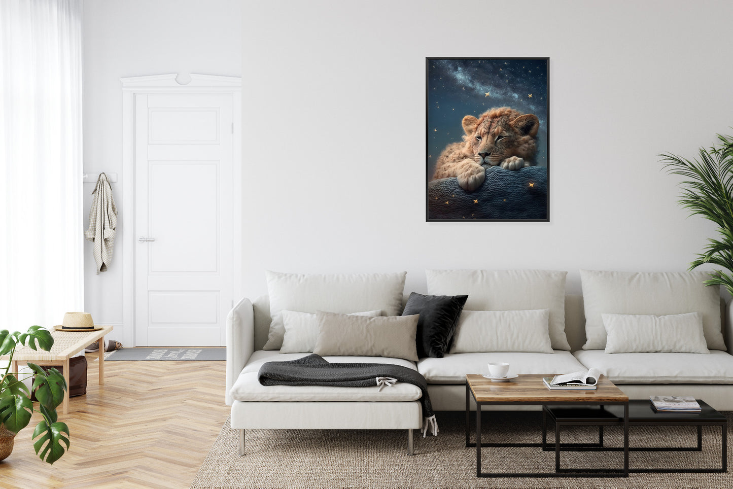 Poster Schlafender Löwe Und Nachthimmel Rahmen Holz Mit Passepartout Farbe Natürlich