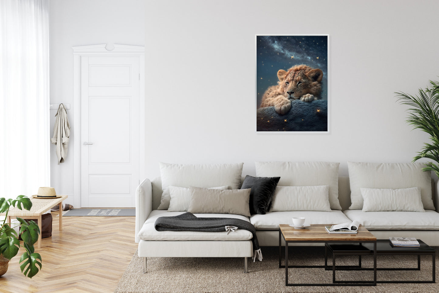 Poster Schlafender Löwe Und Nachthimmel Rahmen Holz Mit Passepartout Farbe Natürlich