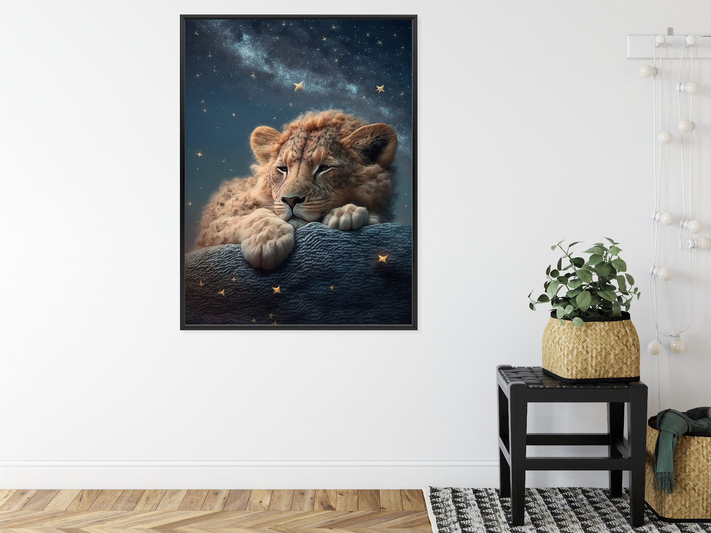 Poster Schlafender Löwe Und Nachthimmel Rahmen Holz Mit Passepartout Farbe Natürlich