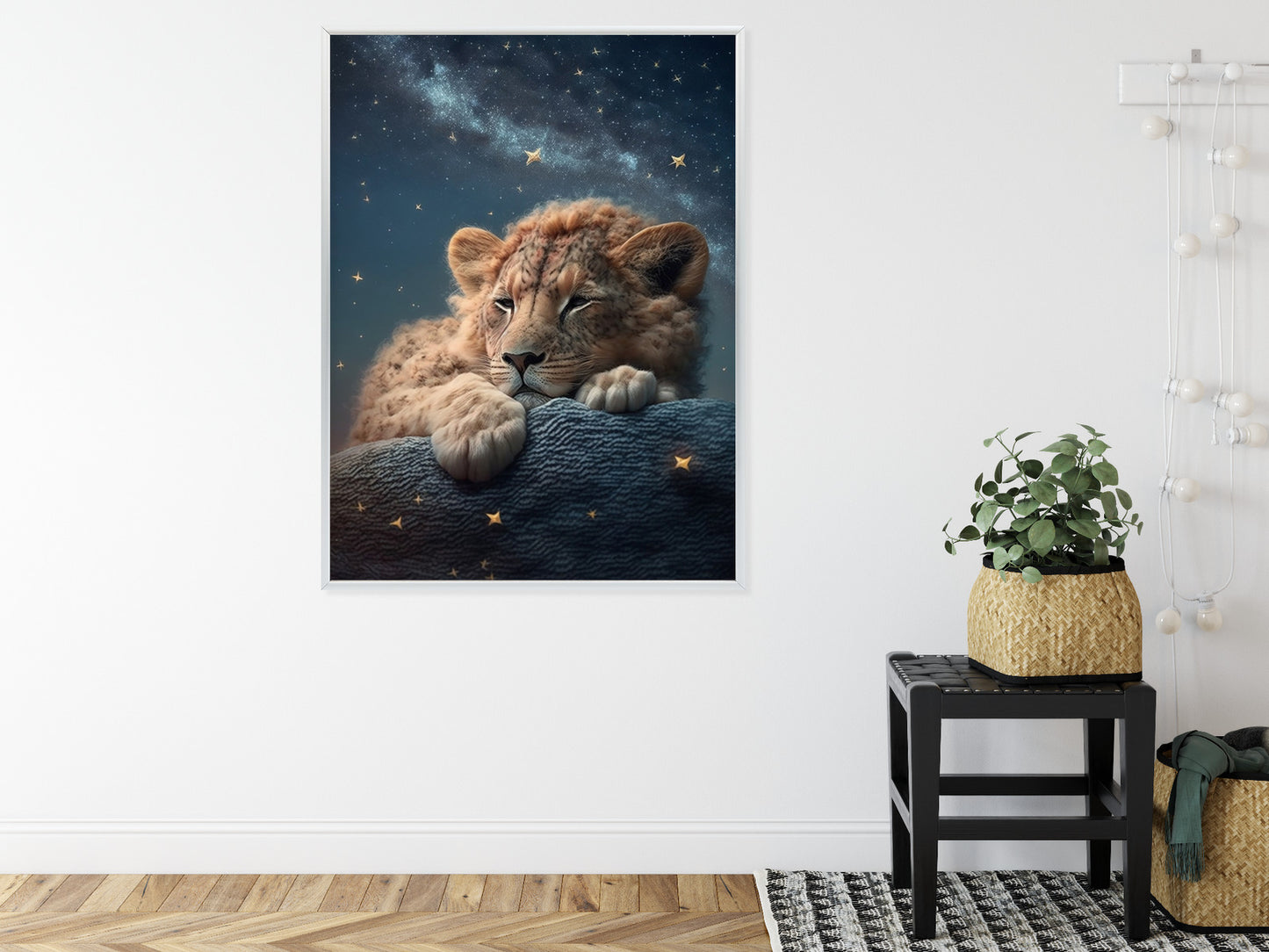 Poster Schlafender Löwe Und Nachthimmel Rahmen Holz Mit Passepartout Farbe Natürlich
