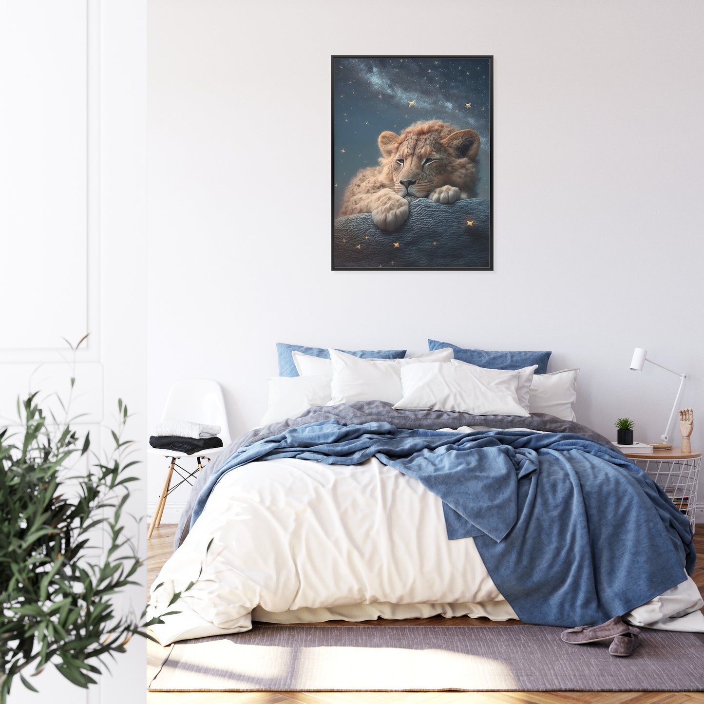 Poster Schlafender Löwe Und Nachthimmel Rahmen Holz Mit Passepartout Farbe Natürlich