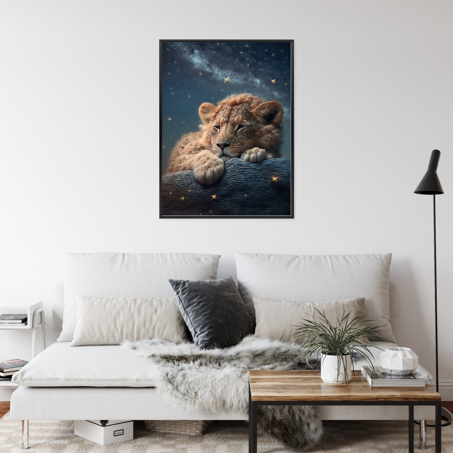 Poster Schlafender Löwe Und Nachthimmel Rahmen Holz Mit Passepartout Farbe Natürlich