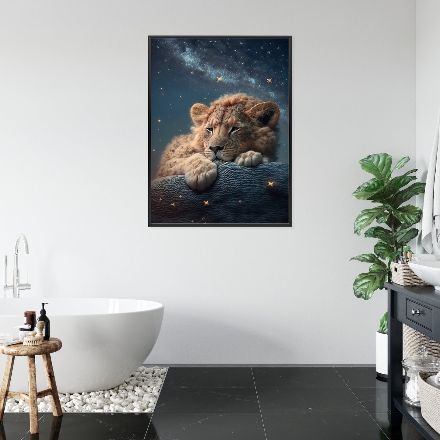 Poster Schlafender Löwe Und Nachthimmel Rahmen Holz Mit Passepartout Farbe Natürlich