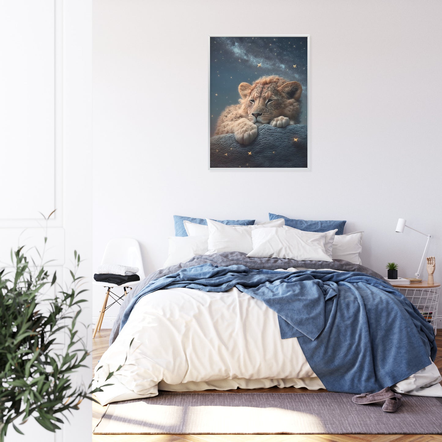 Poster Schlafender Löwe Und Nachthimmel Rahmen Holz Mit Passepartout Farbe Natürlich