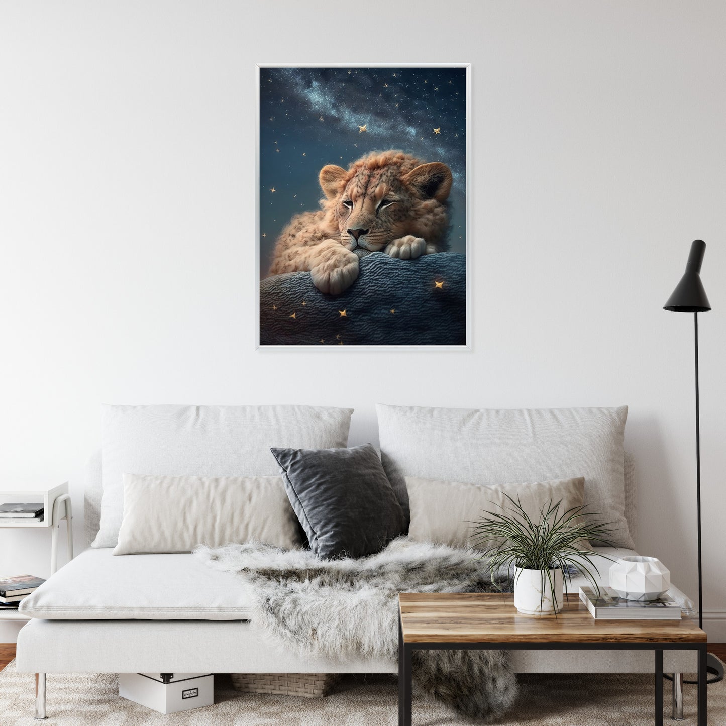 Poster Schlafender Löwe Und Nachthimmel Rahmen Holz Mit Passepartout Farbe Natürlich
