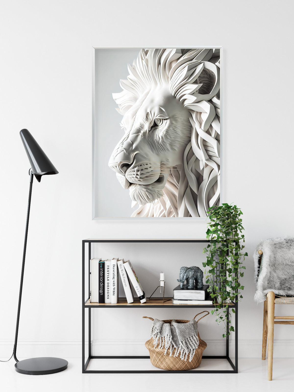 Poster Skulptur Eines Weißen Löwen Rahmen Holz Mit Passepartout Farbe Natürlich