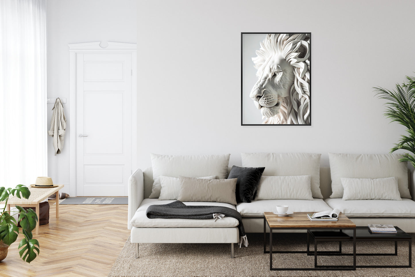 Poster Skulptur Eines Weißen Löwen Rahmen Holz Mit Passepartout Farbe Natürlich