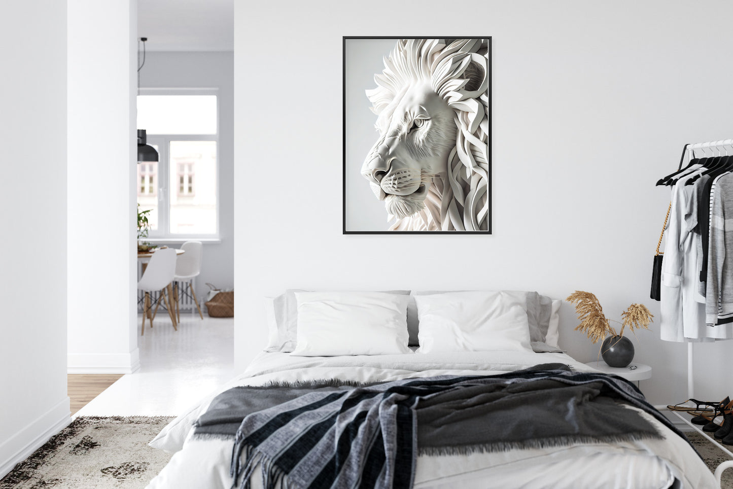 Poster Skulptur Eines Weißen Löwen Rahmen Holz Mit Passepartout Farbe Natürlich