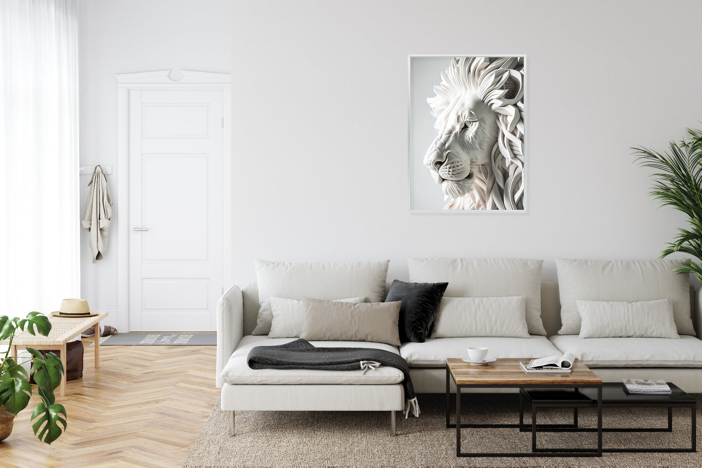 Poster Skulptur Eines Weißen Löwen Rahmen Holz Mit Passepartout Farbe Natürlich