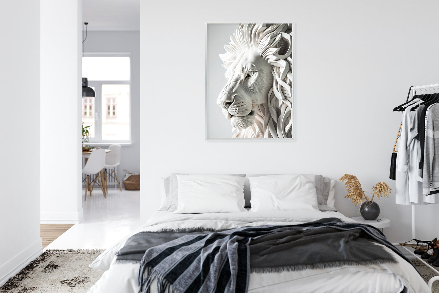 Poster Skulptur Eines Weißen Löwen Rahmen Holz Mit Passepartout Farbe Natürlich