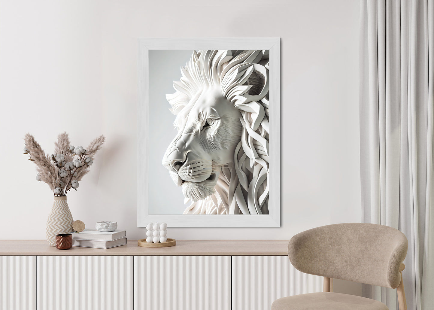 Poster Skulptur Eines Weißen Löwen Rahmen Holz Mit Passepartout Farbe Natürlich