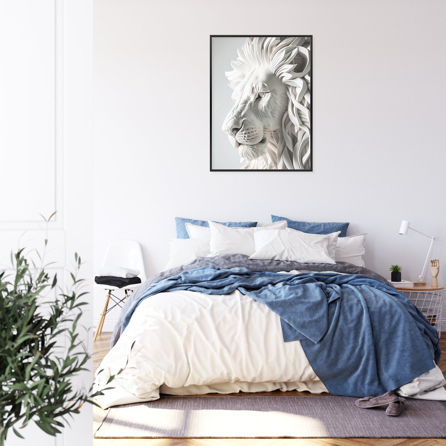 Poster Skulptur Eines Weißen Löwen Rahmen Holz Mit Passepartout Farbe Natürlich