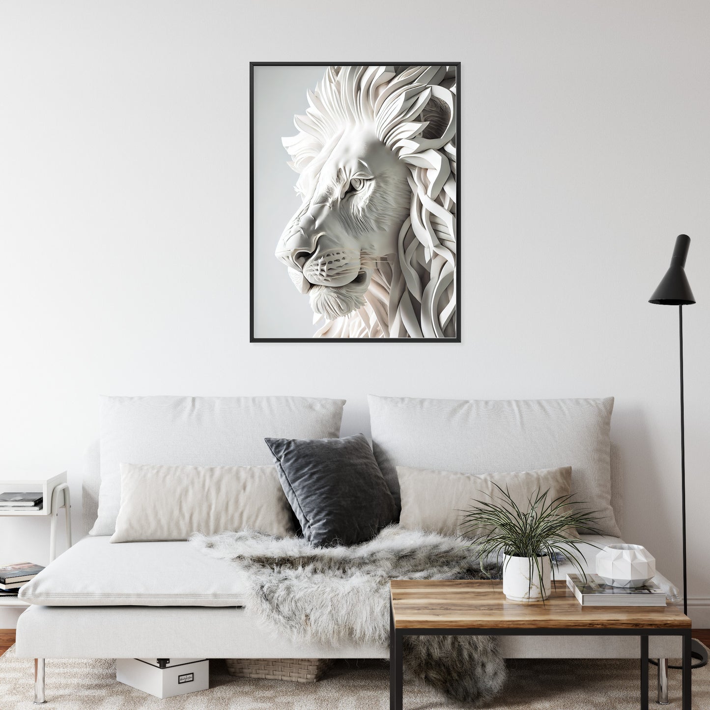 Poster Skulptur Eines Weißen Löwen Rahmen Holz Mit Passepartout Farbe Natürlich