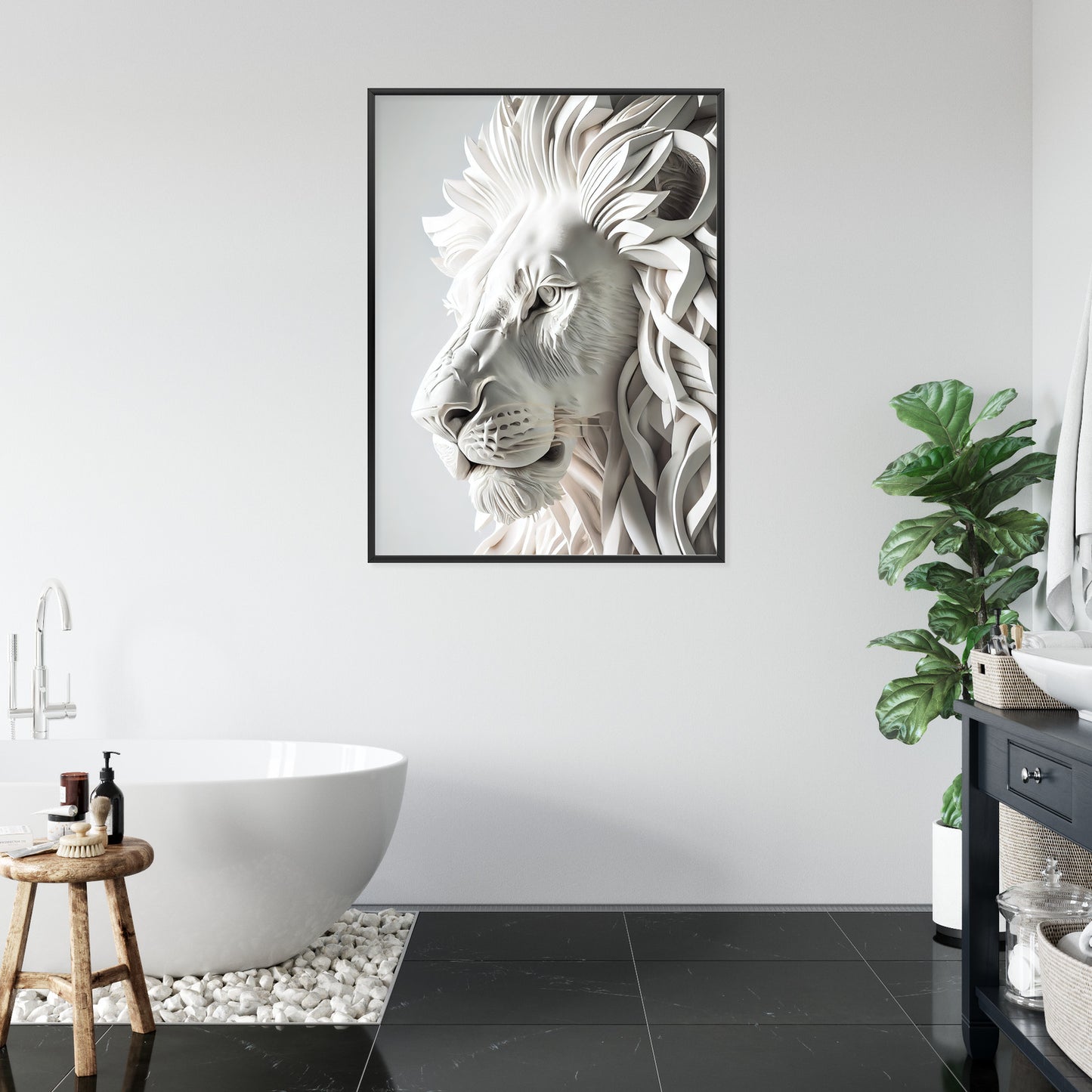 Poster Skulptur Eines Weißen Löwen Rahmen Holz Mit Passepartout Farbe Natürlich