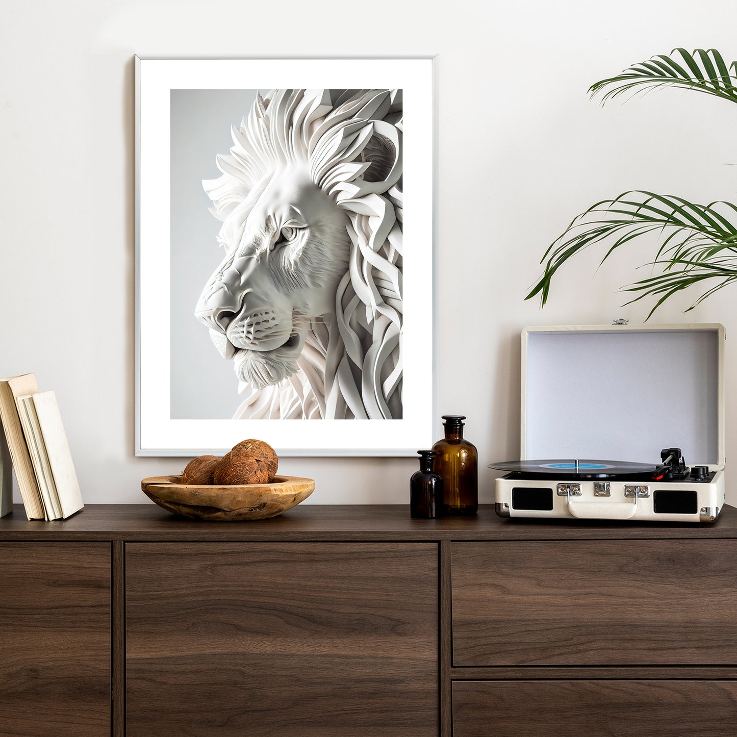 Poster Skulptur Eines Weißen Löwen Rahmen Holz Mit Passepartout Farbe Natürlich