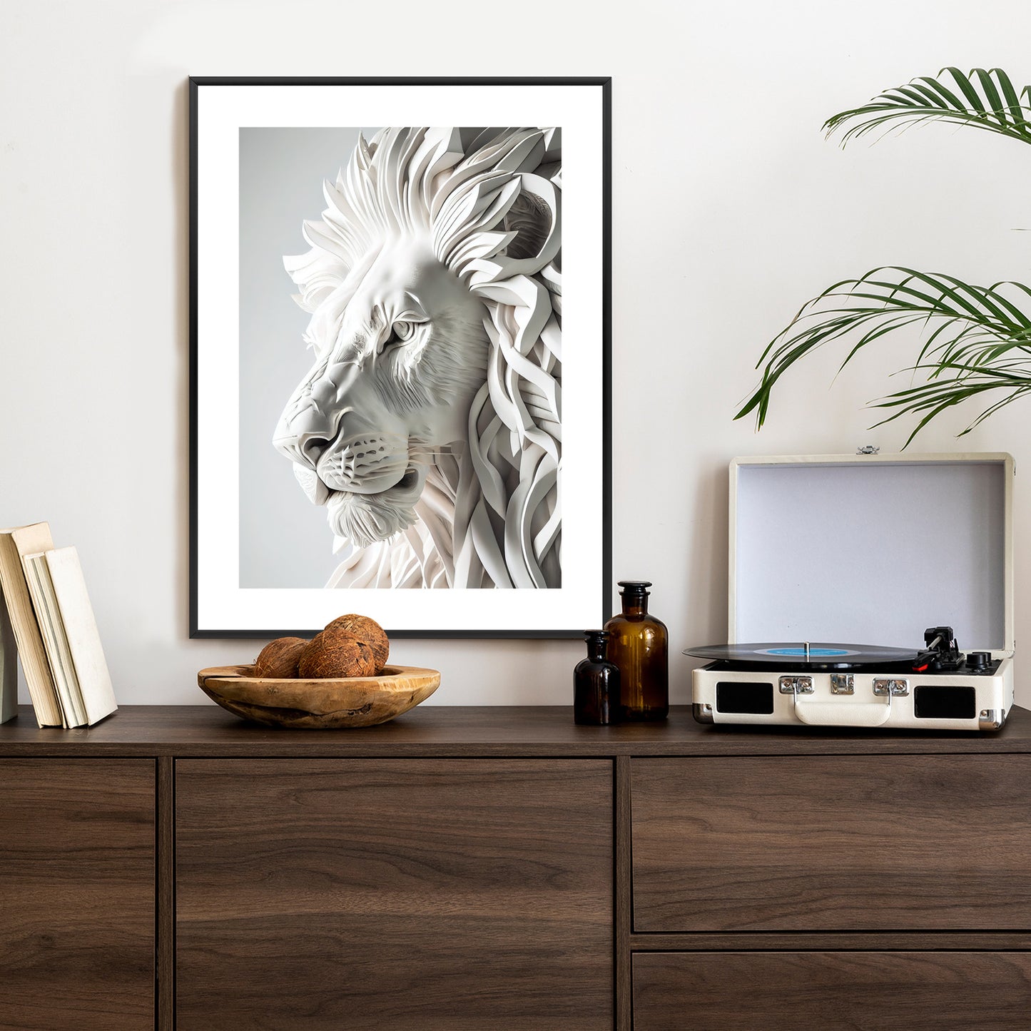 Poster Skulptur Eines Weißen Löwen Rahmen Holz Mit Passepartout Farbe Natürlich
