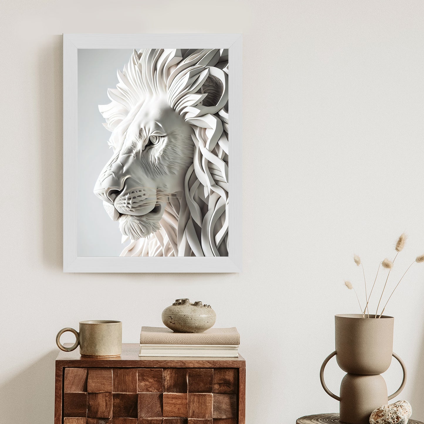 Poster Skulptur Eines Weißen Löwen Rahmen Holz Mit Passepartout Farbe Natürlich