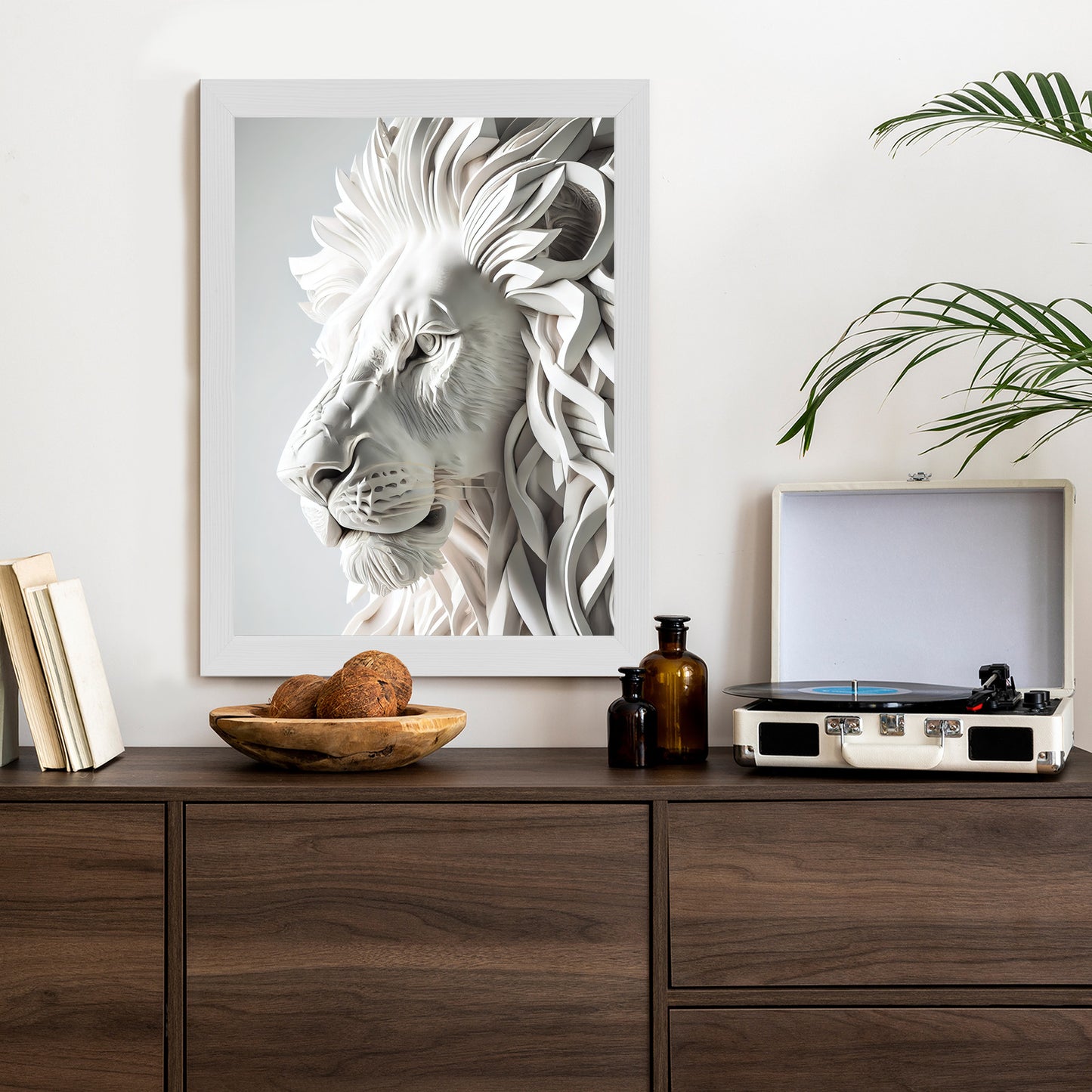Poster Skulptur Eines Weißen Löwen Rahmen Holz Mit Passepartout Farbe Natürlich