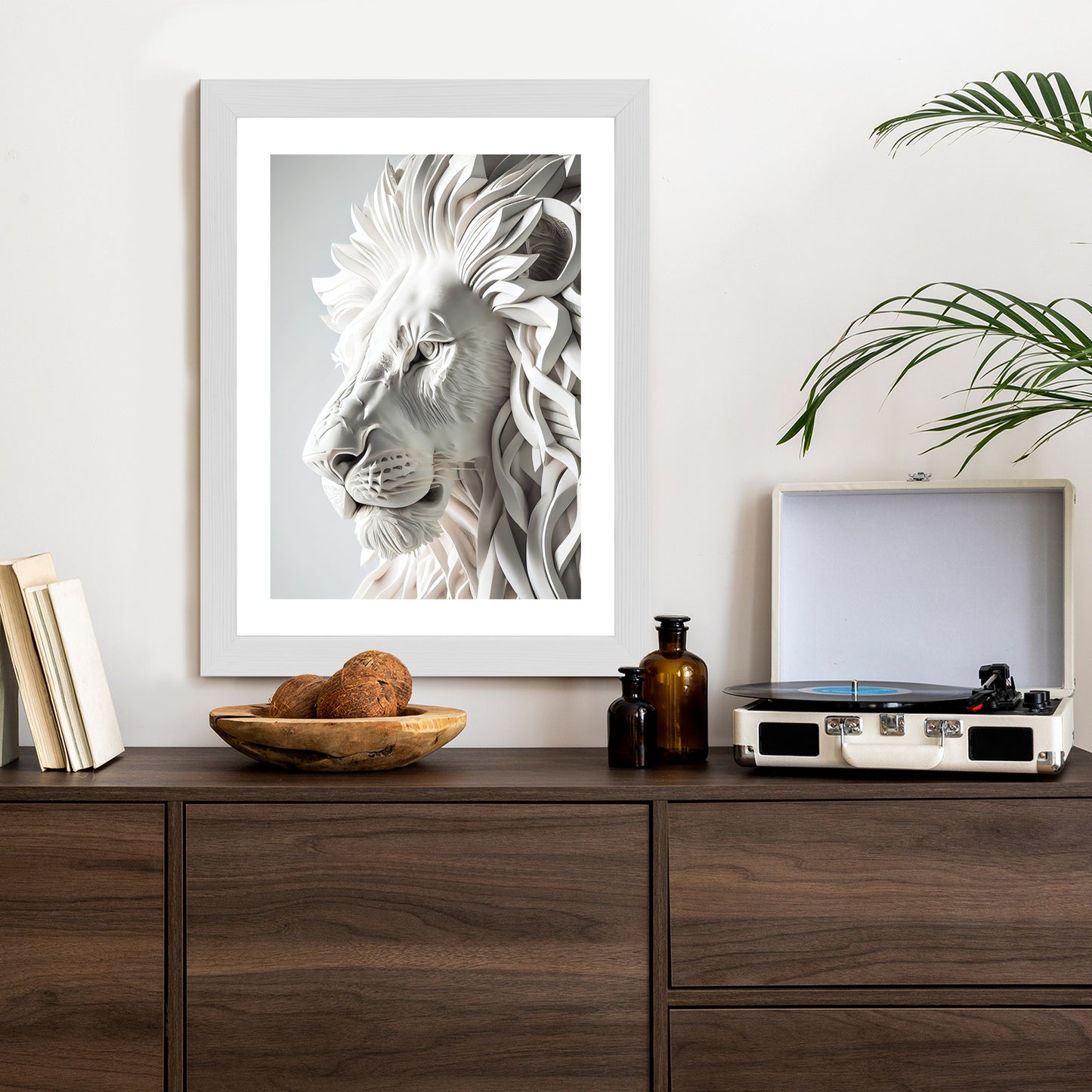 Poster Skulptur Eines Weißen Löwen Rahmen Holz Mit Passepartout Farbe Natürlich