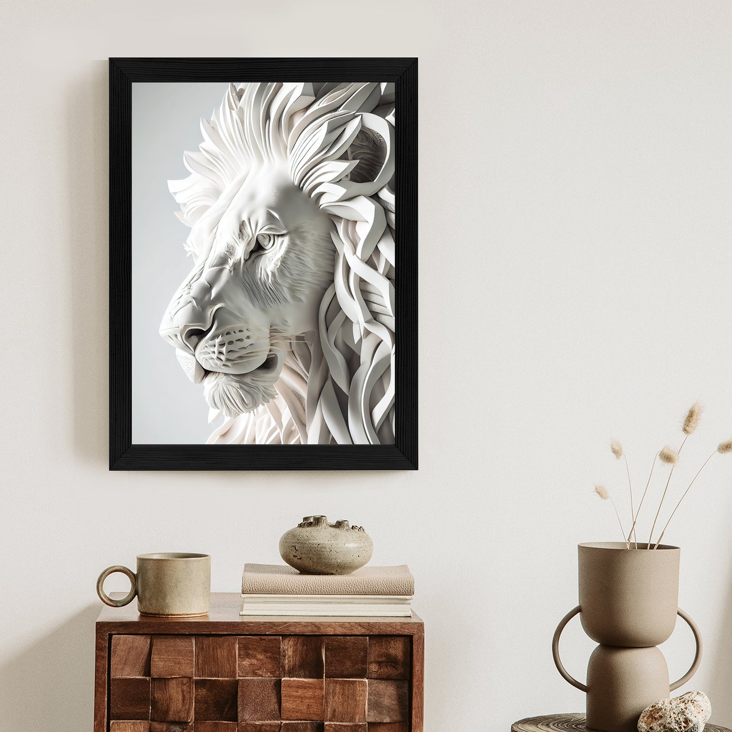 Poster Skulptur Eines Weißen Löwen Rahmen Holz Mit Passepartout Farbe Natürlich