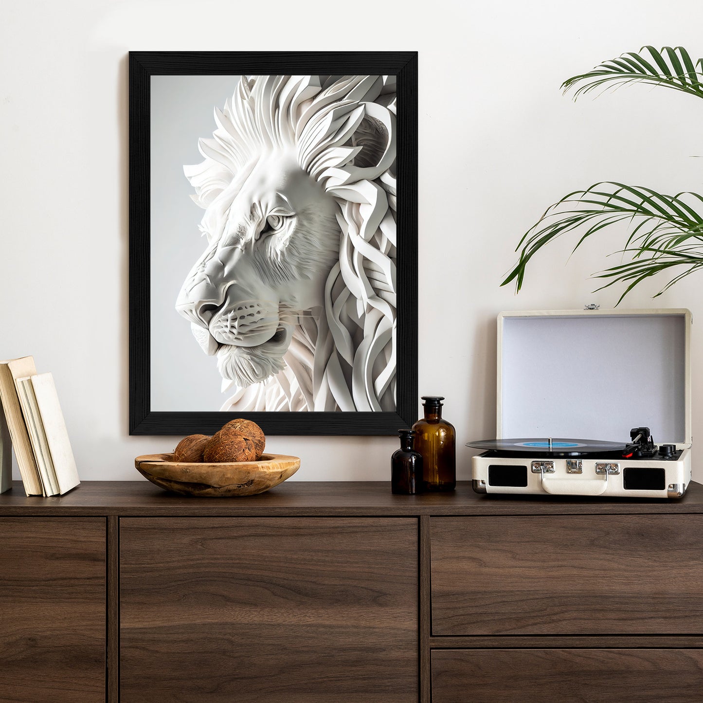 Poster Skulptur Eines Weißen Löwen Rahmen Holz Mit Passepartout Farbe Natürlich
