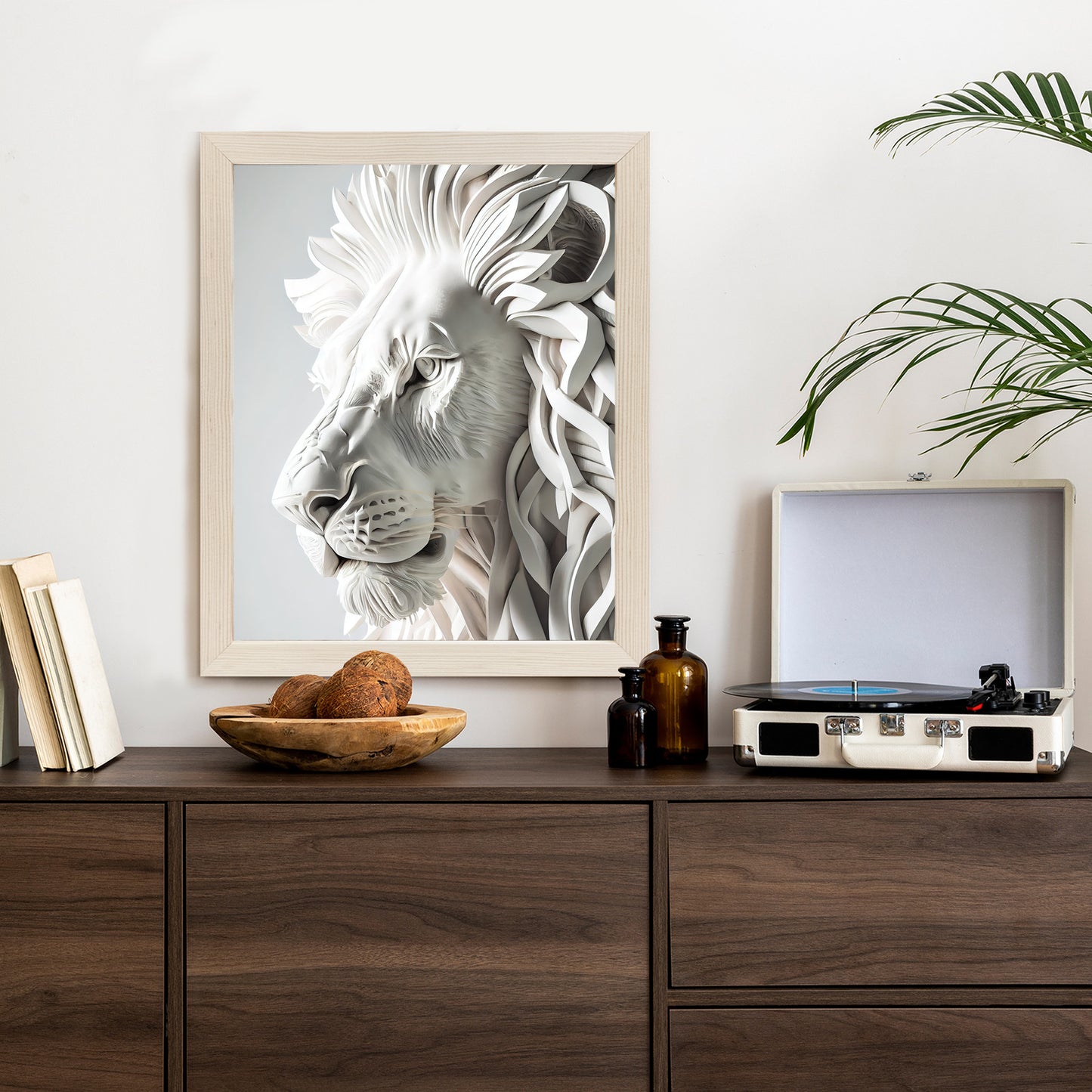 Poster Skulptur Eines Weißen Löwen Rahmen Holz Mit Passepartout Farbe Natürlich