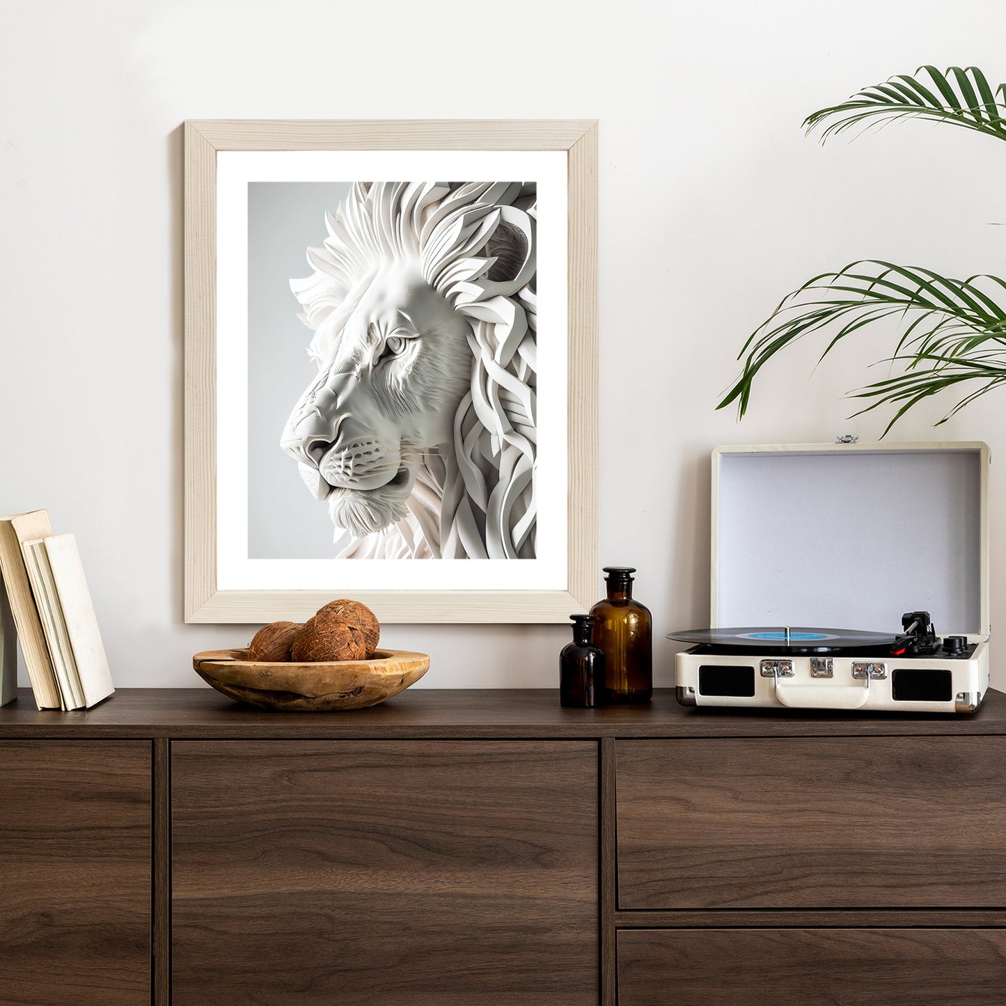 Poster Skulptur Eines Weißen Löwen Rahmen Holz Mit Passepartout Farbe Natürlich