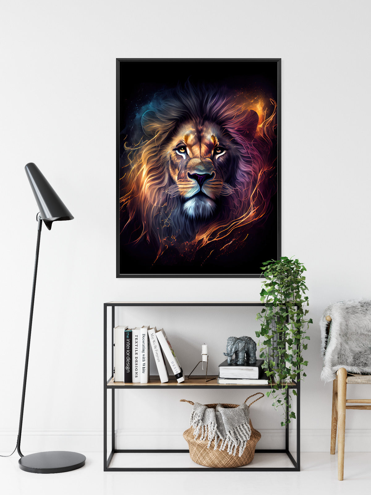Poster Magisches Porträt Eines Löwen Rahmen Holz Mit Passepartout Farbe Natürlich
