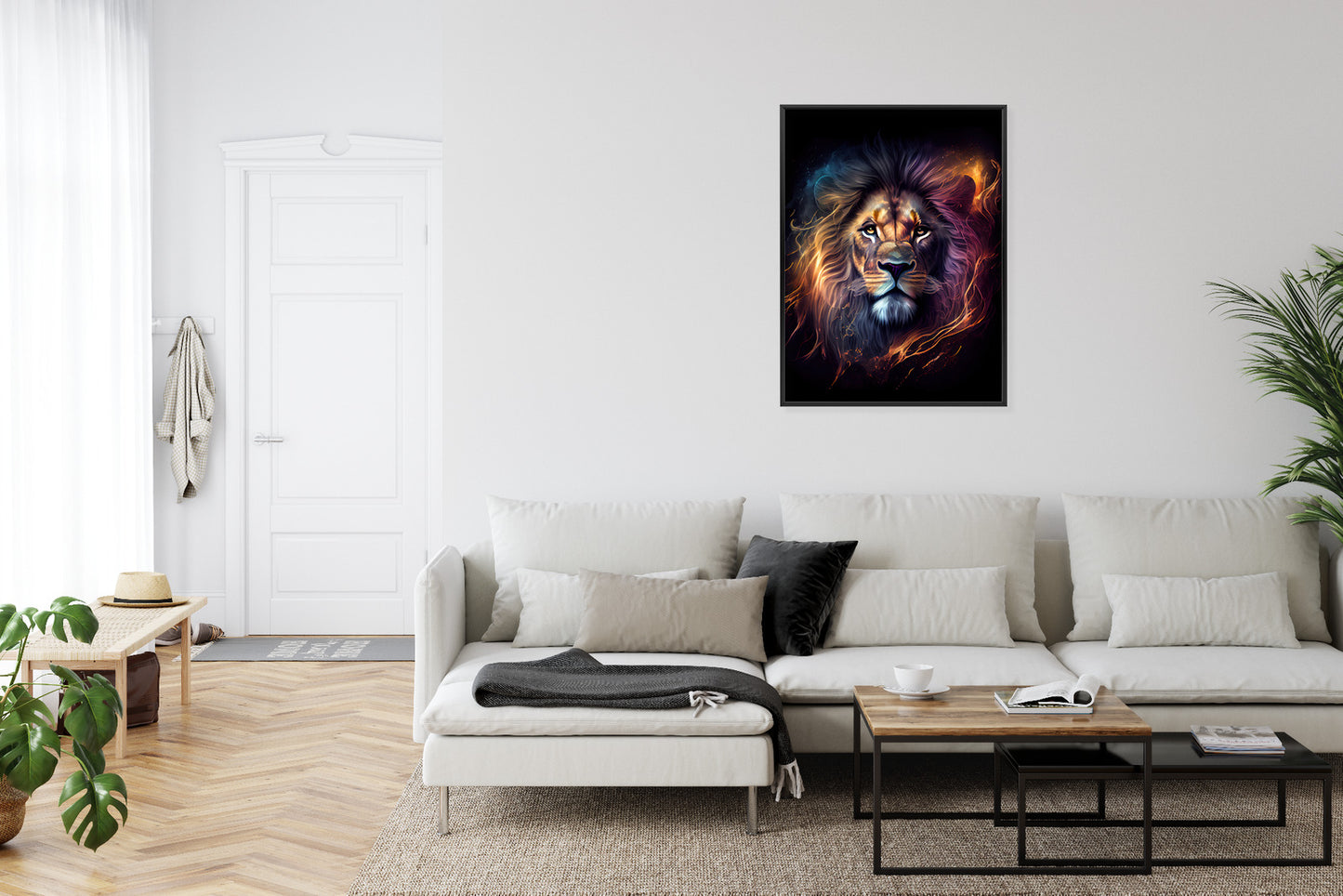 Poster Magisches Porträt Eines Löwen Rahmen Holz Mit Passepartout Farbe Natürlich